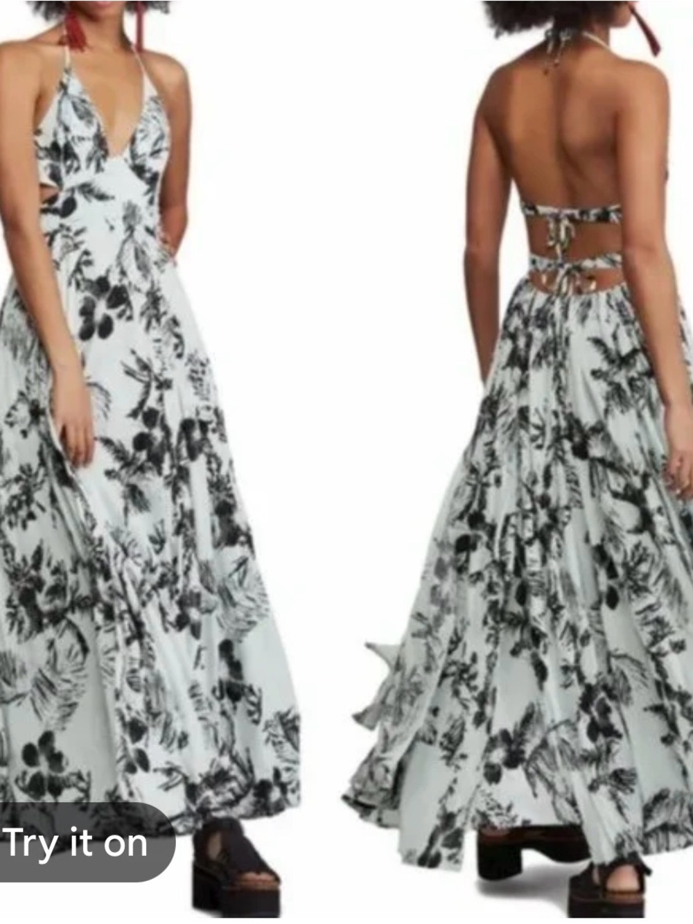 Free People Seafoam Green Maxi Dress with Black Floral Print
